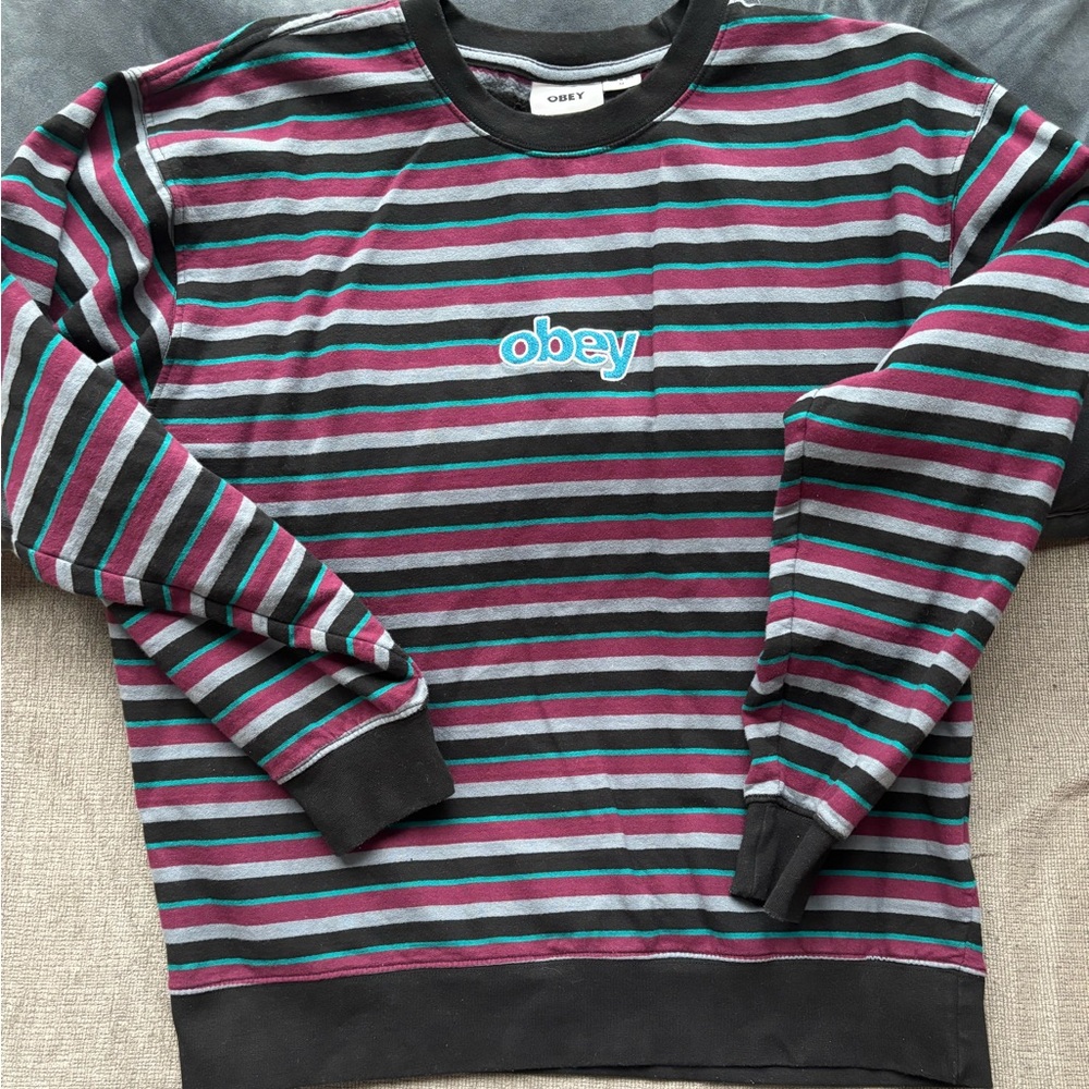 Obey Striped Crewneck Sweater in Black, Teal & Burgundy